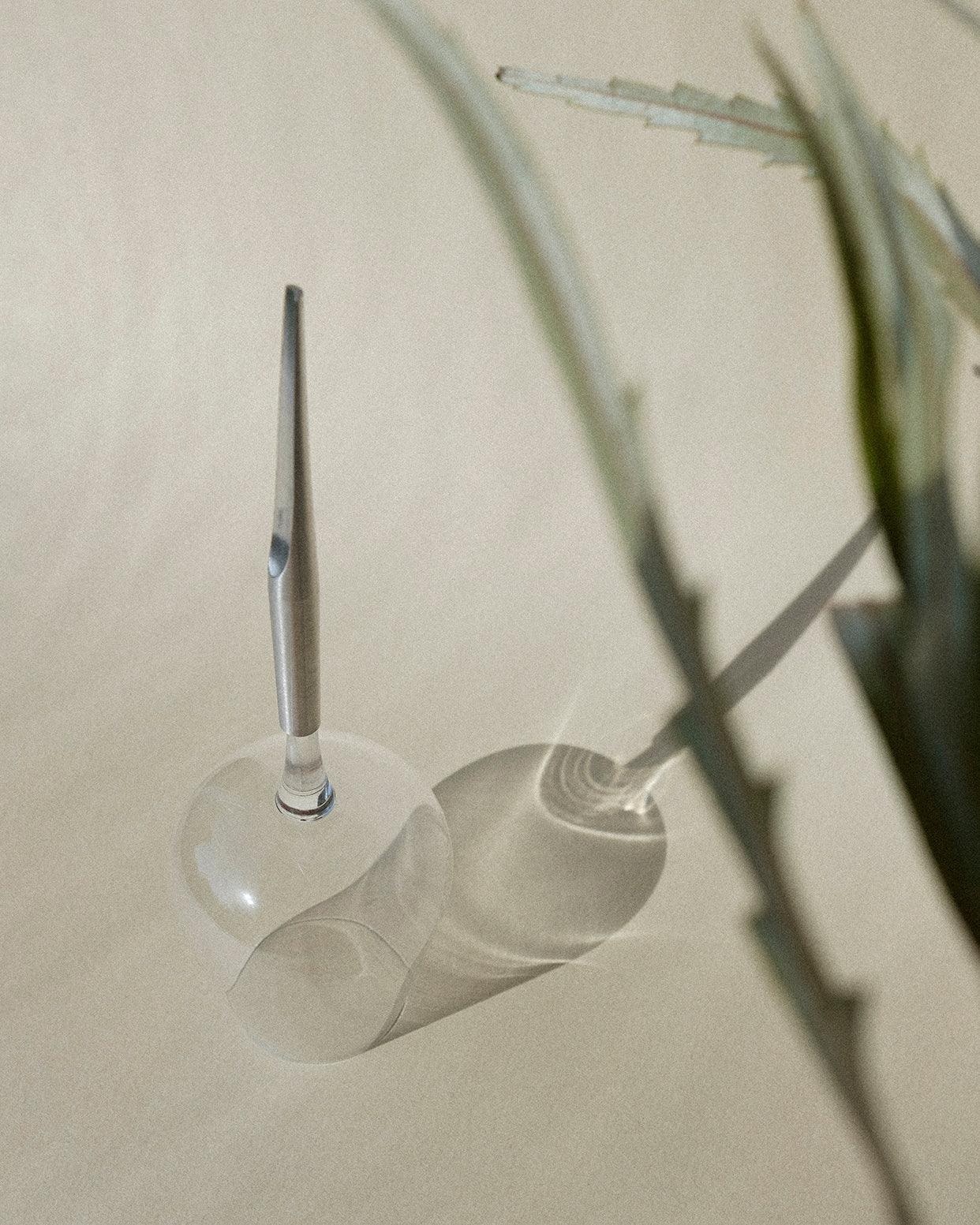 picnic wine glass with metal pin, placed upside down next to plants and shown with shadows